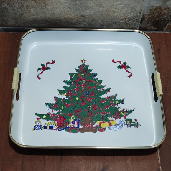 3 Piece Lacquered Tray Set Christmas Tree Scene Handled Lightweight Serving Tray - Picture 12 of 12